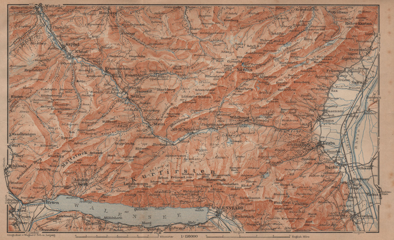 THUR VALLEY.Säntis Toggenburg Wildhaus Alt St Johann Unterwasser Grabs 1905 map
